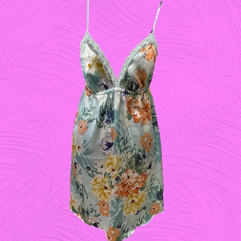 Sage Green Satin Babydoll Slip Dress Floral Print